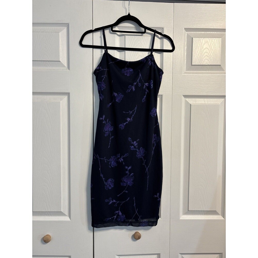 Y2K City Triangles Sheath glitter flower mini dress women’s medium blue purple
